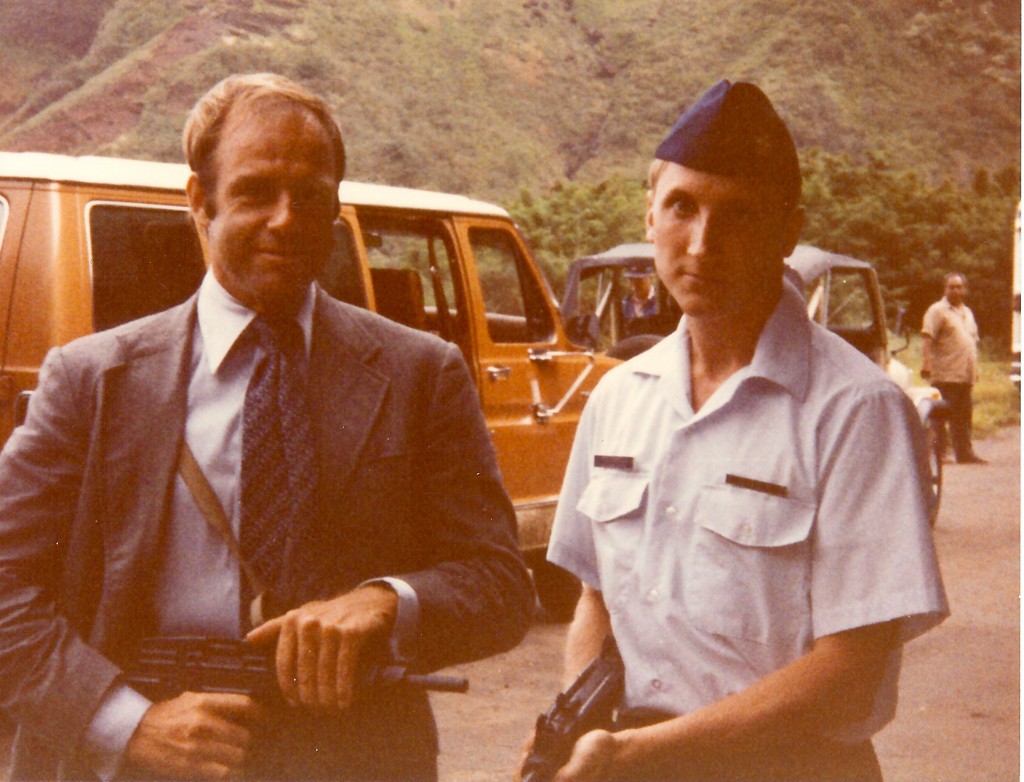 Me with Magnum PI stuntman and prop guns. Notice Selleck's jeep behind me.